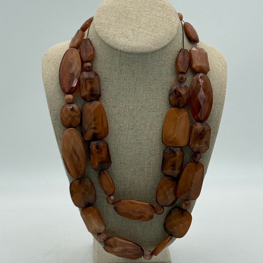 Chunky Cognac Brown Marbled Resin Double Strand Statement Necklace Faceted Beads
